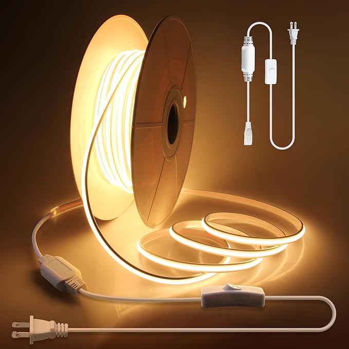 Aclorol Outdoor LED Strip Lights Waterproof 150ft 1 Roll AC 110V 120V COB LED Rope Light Strip with Strong Self-Adhesive for for Indoor Outdoor Home Commercial Lighting Warm White 3000K 288led/M
