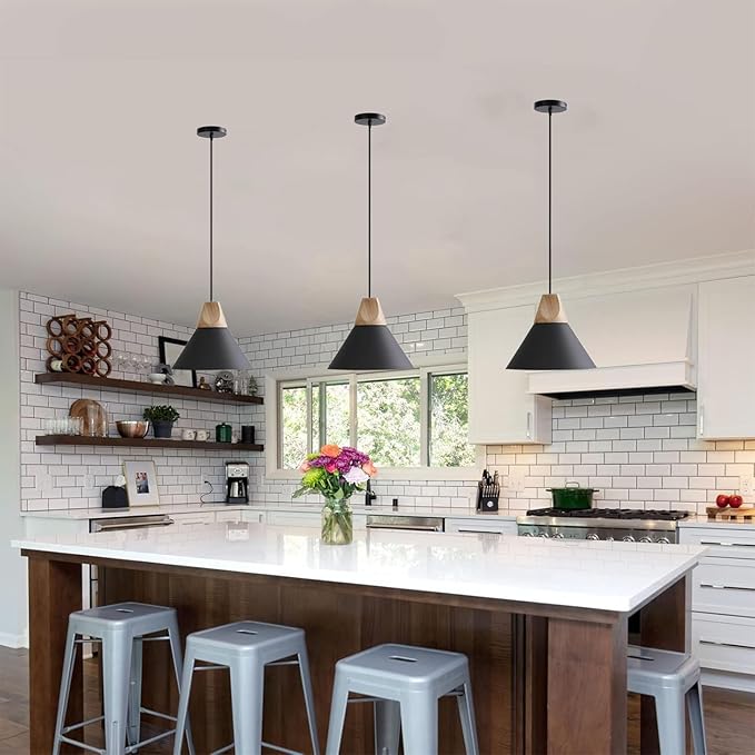 Pendant Light,Solid Wood Ceiling Hanging Lamp,Modern Matte Black Pendant Lighting for Kitchen Island Dining Room Coffee Bar (Black-3 Pack)