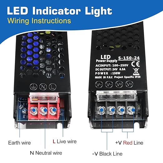 LED Driver 24V 150W 6.5A Slim LED Power Supply, AC 100-250V to 24V DC Adapter, Constant Voltage Transformer for LED Strip Lights, Bulbs, Garden Light, Cabinet Lights