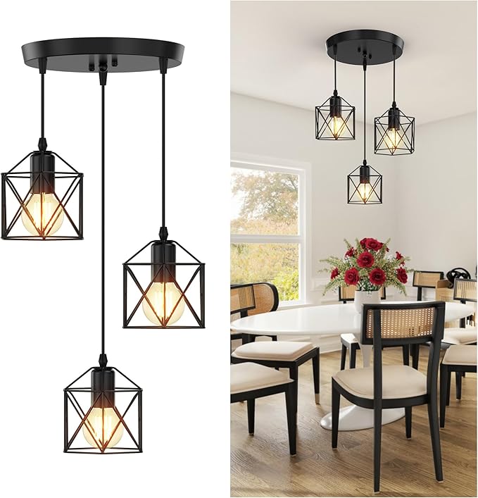 3 Light Pendant Lighting, Farmhouse Hanging Light Fixture for Kitchen Island & Dining Room, Industrial Vintage Ceiling Lamp with E26 Base, Adjustable Height, Matte Black