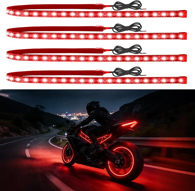 Led Light Strip Exterior Interior 24inch 5050 SMD Led Strip Light IP68 Waterproof Flexible Lights 12V for Car SUV Truck Marine Boat Golf Cart Red Pack of 4