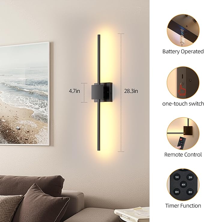 Battery Operated Wall Sconces Set of 2, 𝐔𝐩𝐠𝐫𝐚𝐝𝐞𝐝 12000mAh Rotatable Picture Lights with Remote Control, Dimmable 3000-6500K LED Rechargeable Wall Lights for Living Room Bedroom Mirror, 28.3In