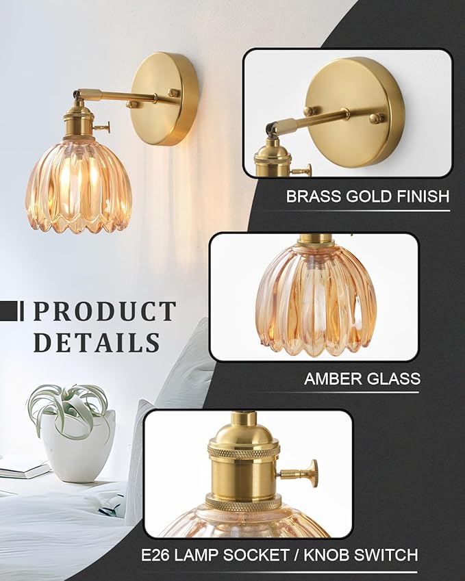 Plug in and Hardwired Wall Sconces, Luxury Vintage Tulip Crystal Glass Shade Wall Light with Switch for Bedside Bedroom Living Room (Tulip-Amber, 1)
