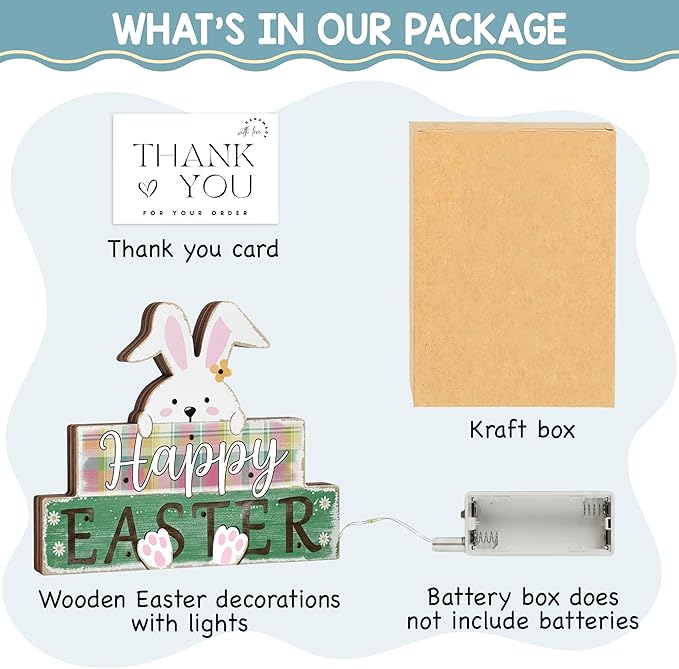 Happy Easter Sign Bunny Decor, Farmhouse Light Up Easter Decorations, Rustic Lighted Spring Decoration With LED Lights, Wooden Rabbit For Home, Office, Kitchen, Table Centerpiece, Tiered Tray, Mantel