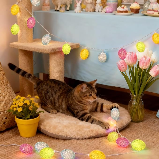 LED Easter Egg Lights String, 10ft 10 LED Pastel Lights, Steady On Easters Eggs Ornaments Battery Powered for Easter, Party, Home Decorations, White Wire