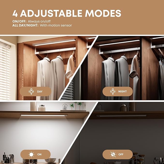 Under Cabinet Lighting Wireless, 2 Pack 11.8 inch 2200mAh 6500K Dimmable Motion Sensor Light Indoor, Rechargeable LED Under Counter Lights for Kitchen, Shelf, Stairs, Closet