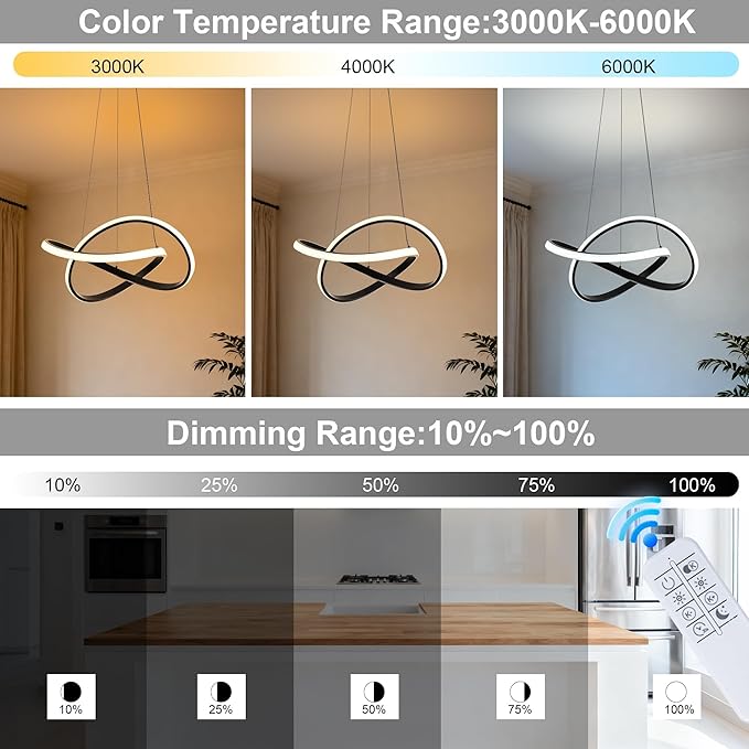 MAYNA Modern Chandelier with Remote Control, 3-Color Dimmable LED Pendant Light Fixtures, Height Adjustable Ring Chandelier for Dining Room,Bedroom,Living Room, Black 19.7 inch