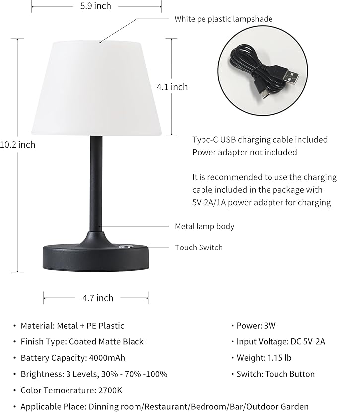 PUSU Cordless LED Black Small Table Lamp, Waterproof Shower Light with 4000mAh Battery, Portable Rechargeable Touch Dimming Night Light for Bathroom, Outdoor Camping, Kitchen, Patio, Restaurant