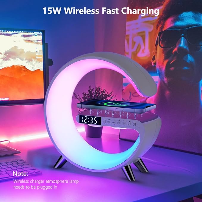 Wireless Charger Atmosphere Lamp, 2026 New Intelligent LED Table Lamp, Bluetooth Speaker, Dimmable Night Light Bedside Lamp Alarm Clock with Music Sync, App Control for Bedroom Home Decor Gift (White)
