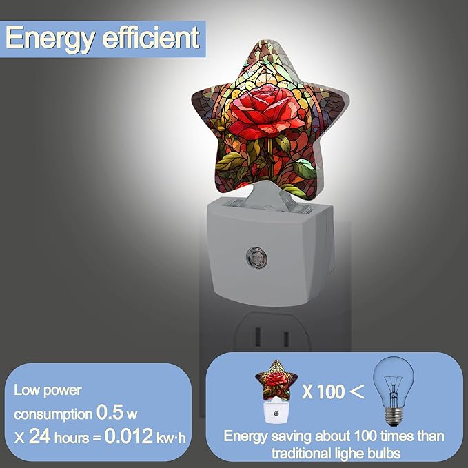 Red Rose Stained Glass Dusk to Dawn Star Night Light,Abstract Smart Sensor Nightlight for Bedroom Kitchen Hallway Stairs,Plug-in Energy Efficient Decor Desk Lamp Women Men Gifts