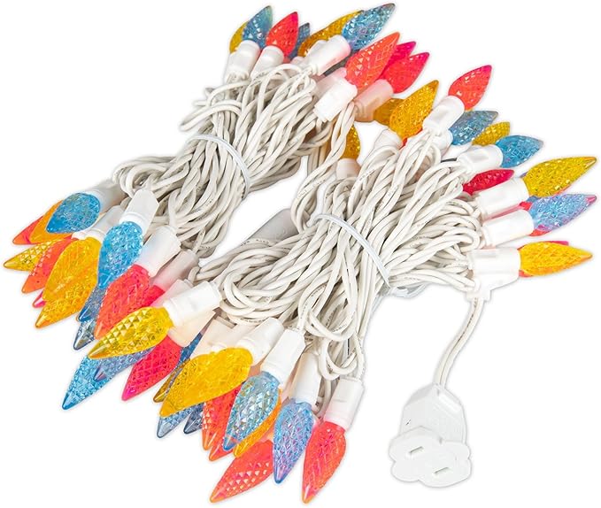 70 Light 24Ft Spring Easter Lights Commercial String Lights C6 LED Strawberry Faceted Bulb – Yellow/Teal/Pink, White Wire, Indoor/Outdoor, Full Wave No Flicker, Connect 43 Sets