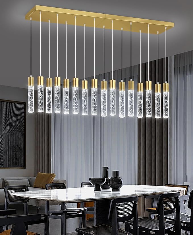 16-Lights Modern Crystal Rectangular Chandeliers LED Pendant Light for Kitchen Island High Ceiling Chandelier for Dining Room Entrance Foyer Living Room Gold