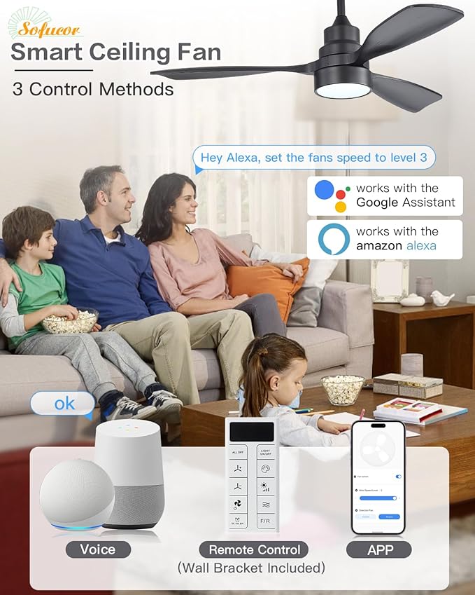 Sofucor 48 Inch Smart Ceiling Fans with Lights-Flush Mount & Downrod Mount Modern Outdoor Ceiling Fans with Alexa/Google Assistant/APP/Remote Control for Bedroom/Farmhouse/Patio, Black & Walnut
