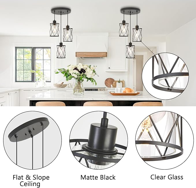 Refice 3-Light Pendant Lights Kitchen Island, Black Kitchen Cluster Hanging Pendant Lights with Clear Glass, Modern Cage Chandelier Light Fixture for Sink Dining Room Bedroom Bar