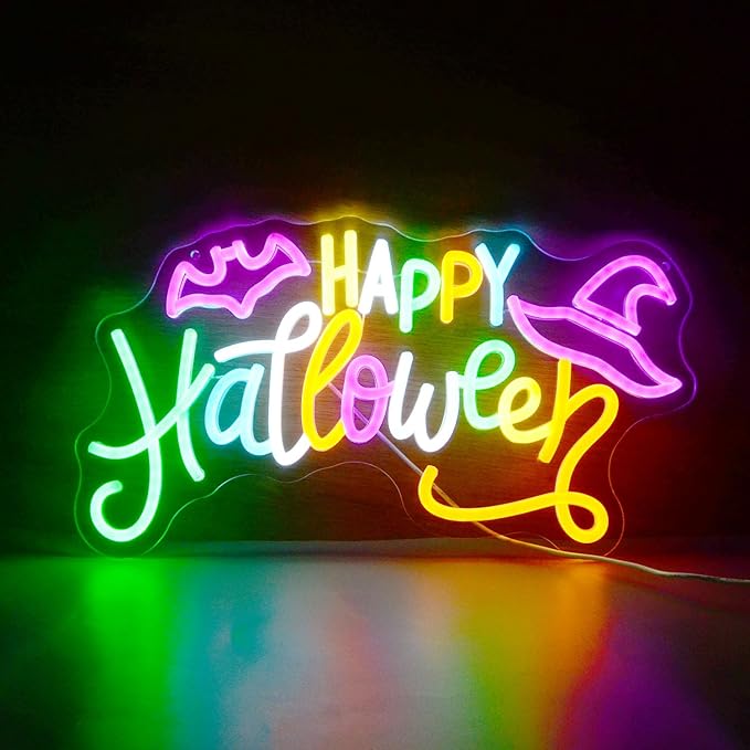 Happy Halloween Neon Sign Colorful LED Wall Decor with Bats & Witch Hat Design Neon Lights for Spooky Party, Home, Bar, or Window Decoration - Halloween Glow Light for October 31