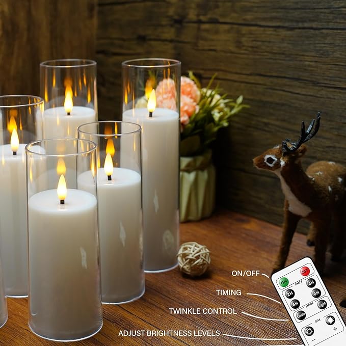 Flickering Flameless Candles Battery Operated with Remote and 2/4/6/8 H Timer Acrylic Led Pillar Candles Pack of 9 (appr D2.3"xH5.5"6.5"7.5")with Realistic 3D Wick Candles for Home Decor(White)