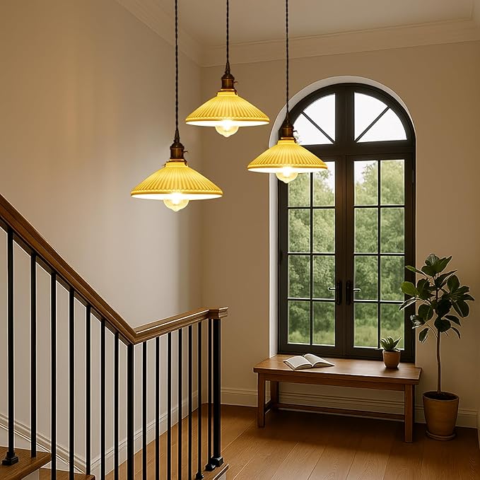 Vintage Industrial Ceramic Pendant Lights Fixtures - 6.56 FT Adjustable Hanging Wire, Brass Socket, E26/E27 Bulb Compatible, Modern Hanging Lamp Ideal for Kitchen, Dining, Bedroom (Hardwire)