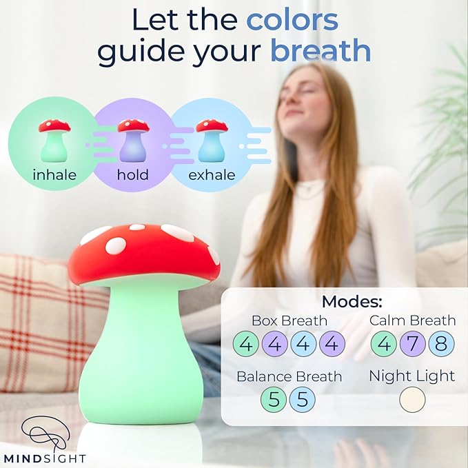 Mindsight [New 'Mindful Mushroom' Guided Breathing Lamp for Mindfulness & Relaxation | Cozy Ambient Night Light for Stress & Anxiety Relief | Calming Mushroom Decor for Adults | Self Care Gift