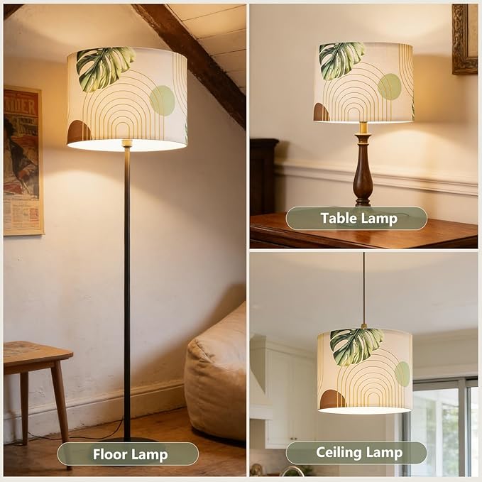 13-inch Fabric Linen Lamp Shade, Boho Lampshade with Tropical Plant & Gold Line Pattern, Lamp Shades for Floor Lamps fit with Spider/Uno, Drum Lampshades for Table Lamp/Pendant (Easy Assemble)