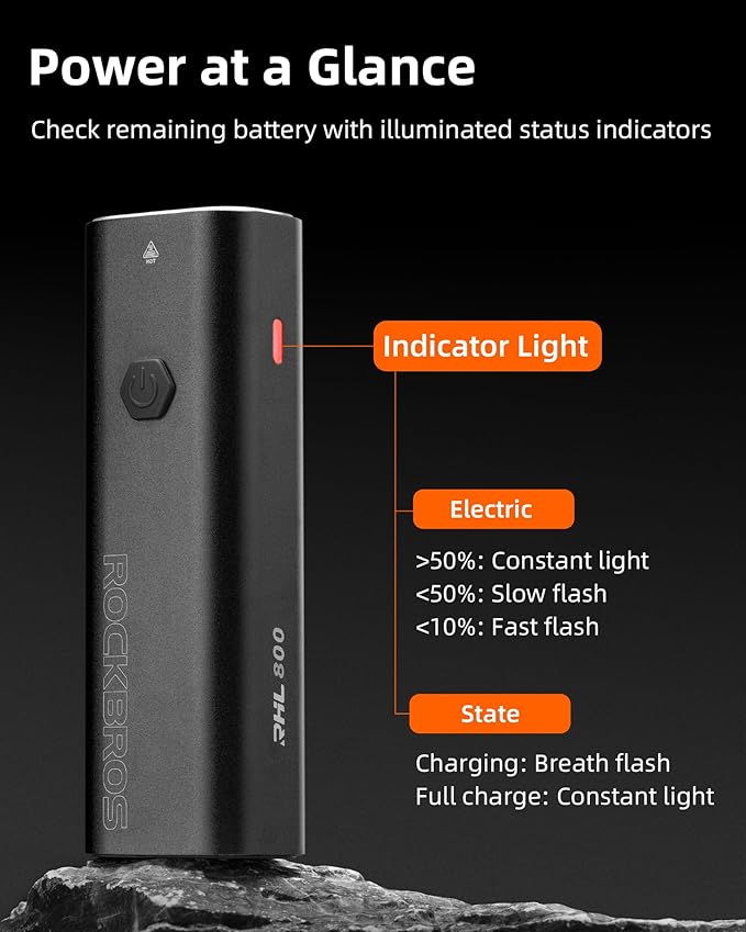 ROCKBROS Super Bright Bike Light 800Lumens Type C Rechargeable Bike Headlight Led IPX6 Waterproof Bike Front Light 5 Modes Aluminum Alloy Bike Light for Night Riding