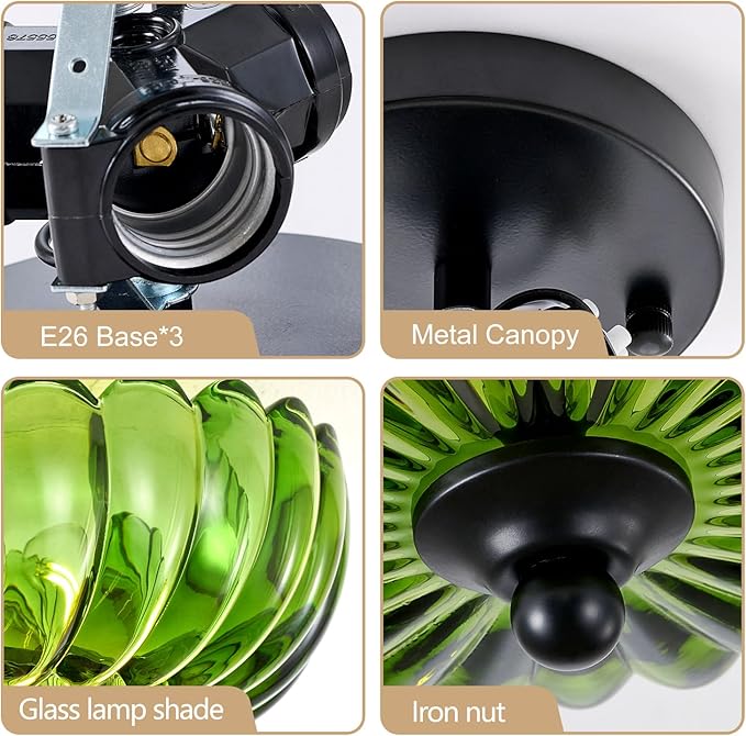 Modern Black Ceiling Light Fixture, 12" Green Glass Flush Mount Chandeliers, Semi Flush Mount Ceiling Light Fixture Suitable for Living Room Hallway Kitchen Bedroom