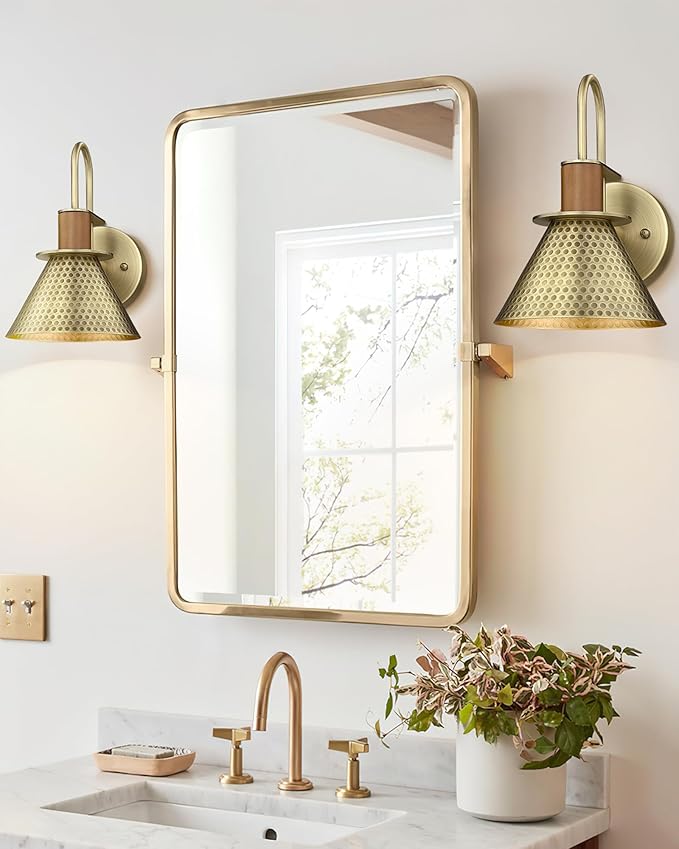 Brass Wall Sconces Set of Two, HWH Industrial Wall Light Fixtures Gooseneck Barn Light, Single Wall Lamp for Bedroom Bedside Bathroom Kitchen, Hammered Metal Shade, Antique Brass, 5HZG74B-2 BG