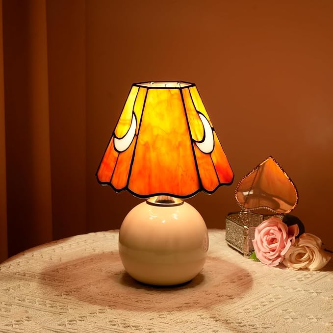 Mushroom Lamp Tiffany Lamp Stained Glass Table Lamp Moon Cute Small Bedside Lamps for Living Room Home Decor,Unique Aesthetic Home Living Room Decor Girls Women Birthday Day Gift,Orange