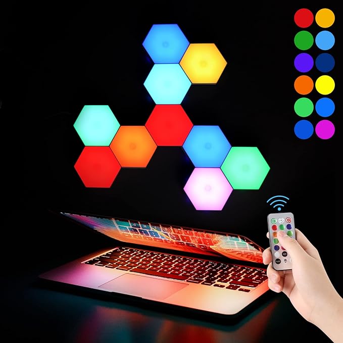 Hexagon LED Lights,Remote Control Wall Lamp,Intelligent Modular Touch Colorful DIY Lamp,Used for Bedroom,Bathroom,Living Room,Children's Day,Christmas,Various Game Party Decoration（6 Pack）