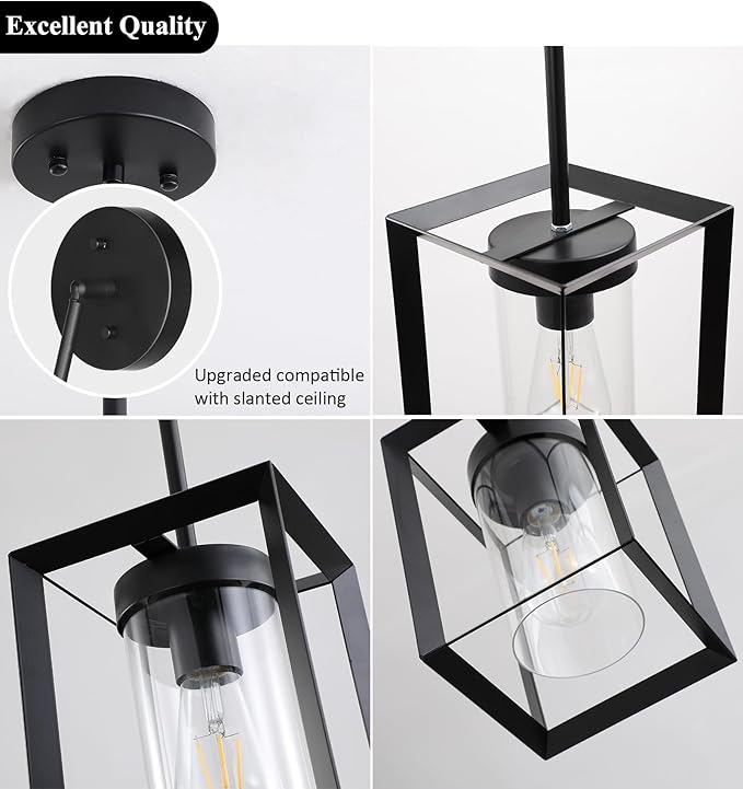 1 Pack Farmhouse Black Kitchen Island Pendant Light Fixture,Height Adjustable Metal Rod Hanging Modern Pendant Lighting with Metal Cage Clear Glass Shade for Entryway Bedroom