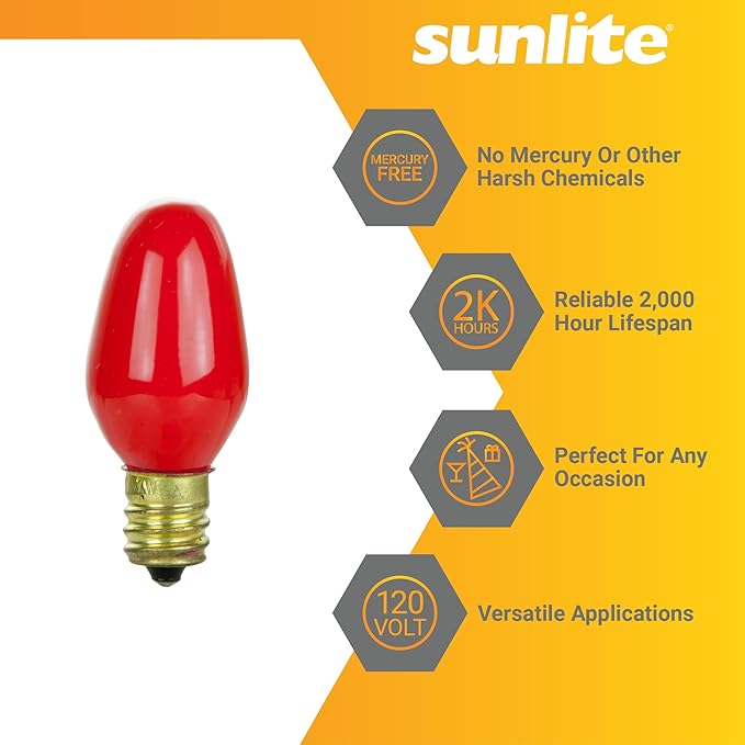 Sunlite 01058 7C7 Incandescent Bulb, 7 Watt, Candelabra E12 Base, C7 Small Night Light, Colored Bulb, Red, 12 Count