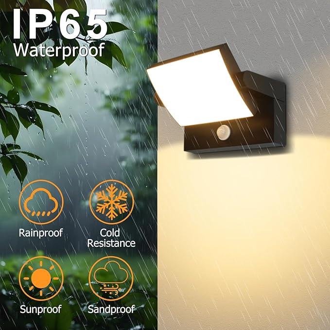 Motion Sensor Outdoor Light Black 350 °Rotatable 18W 1980LM Modern Porch Light IP65 Waterproof Wall Sconce for Outside 3000K Warm White Patio Light for Entrance Doorway House Gardern Garage