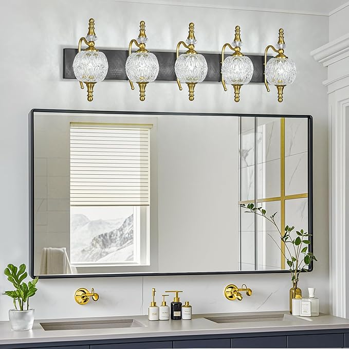 Modern Crystal Bathroom Vanity Lights Fixtures Over Mirror Black Gold Vintage 5-Lights 36 Inch Bathroom Light Fixtures Glass Crystal Vanity Lights