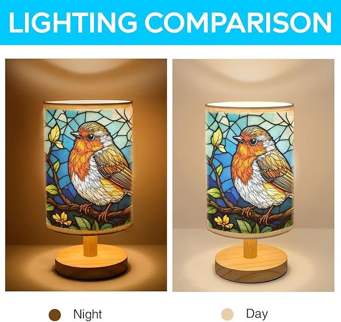 Robin Table Lamp LED 3-Color Pressed Bedside, Robin Shade Lamp with Wood Base for Bedroom Living Room Desk Office TL01