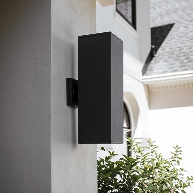 mirrea Modern Outdoor Porch Light Patio Light in 2 Lights with Aluminum Rectangular Tube and Tempered Glass Cover Waterproof Wall Sconce 2 Pack (Matte Black 18")