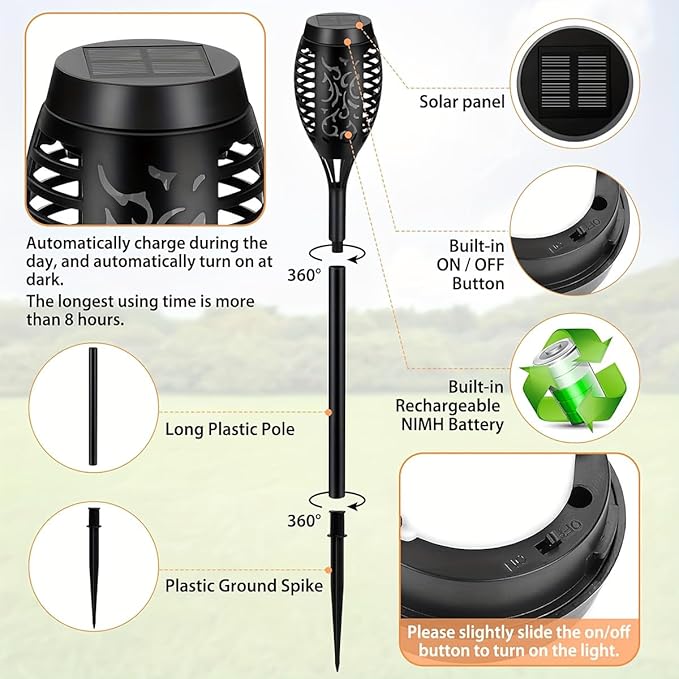 8 Pack Solar-Powered Flashlight Torches for Outdoor use,Waterproof IP65 Dancing and Flickering Flame Torches for Landscape Decoration, Suitable for Paths, lawns,(Colorful)