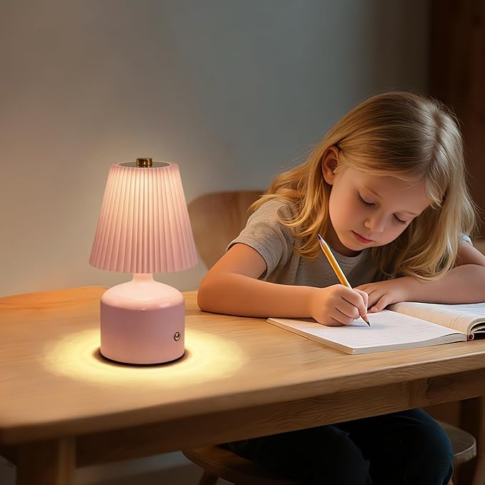 Small Cordless Table Lamp Rechargeable Desk Lamp, 3 Color Stepless Dimming, Metal Base Pleated Table Lamp for Bedside, Bedroom, Dining Room, Living Room (Pink)