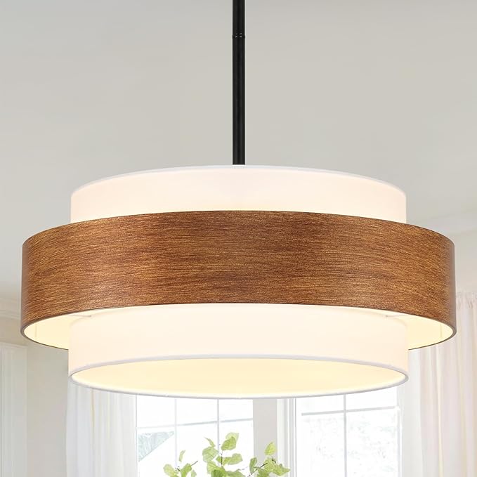 19.7'' Farmhouse Chandelier, 5-Light Drum Chandelier Round Pendant Light Fixture with Fabric Shade, Wood Grain Rustic Chandeliers for Dining Room Bedroom Living Room Foyer Entryway