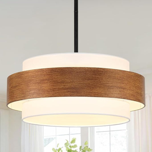 19.7'' Farmhouse Chandelier, 5-Light Drum Chandelier Round Pendant Light Fixture with Fabric Shade, Wood Grain Rustic Chandeliers for Dining Room Bedroom Living Room Foyer Entryway