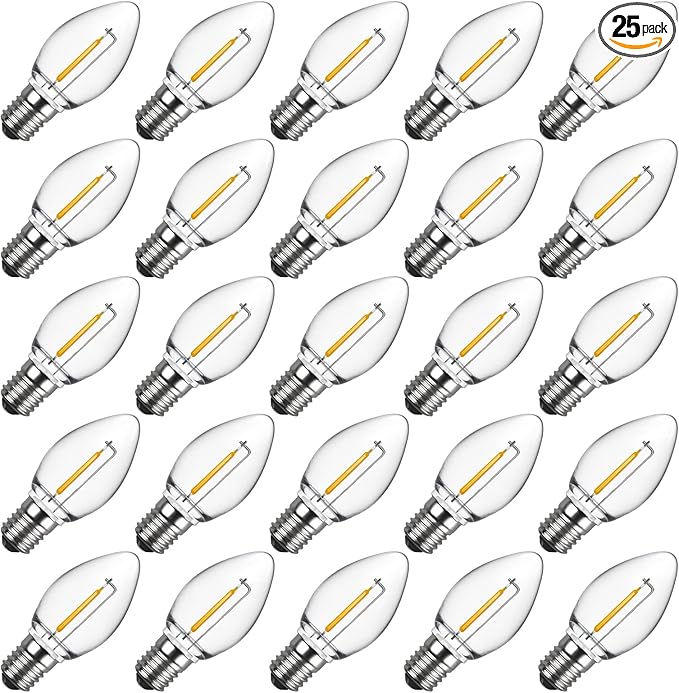 Meconard C7 LED Replacement Christmas Light Bulbs, C7 Shatterproof LED Bulbs for Christmas Indoor Outdoor String Lights, E12 Candelabra Base, Commercial Grade Holiday Bulbs, Warm White, 25 Pack