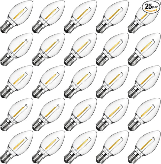 Meconard C7 LED Replacement Christmas Light Bulbs, C7 Shatterproof LED Bulbs for Christmas Indoor Outdoor String Lights, E12 Candelabra Base, Commercial Grade Holiday Bulbs, Warm White, 25 Pack