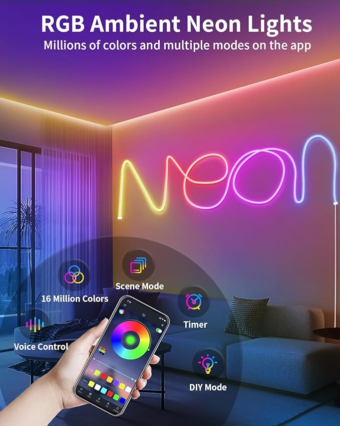 33ft Neon Rope Lights, RGB IP68 Waterproof Flexible LED Strip Lights, Neon Lights with App Remote for Wall, Bedroom, Outdoors, Pool
