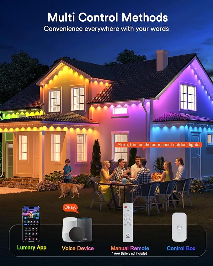 Lumary Permanent Outdoor Lights 2 with Remote, 200ft with 120 RGBAICW LEDs 7200lm for Daily & Accent Lighting, 110+ Scene Modes for Christmas Decor, IP67 Waterproof, Work with Alexa, Google, White