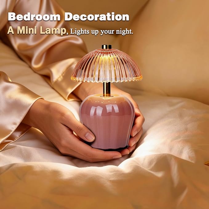 MJ PREMIER Small Cordless Lamp, Battery Operated Lamp with Timer, Mini Crystal Glass Mushroom Lampshade, Cute Small Table Lamps, Decorative Led Light for Bedroom Living Room Shelf (Pink)