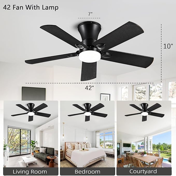 Ceiling Fans with Lights, 42 inch Low Profile Ceiling Fan with Light and Remote Control, Flush Mount, Reversible, 3CCT, Dimmable, Noiseless, Black Ceiling Fan for Bedroom, Indoor/Outdoor Use