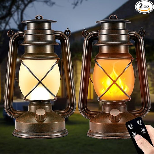 Battery-Powered 2 Modes Lighting LED Vintage Lanterns Decorative Outdoor & Indoor, 2 Pack Bronze Lights with Dancing Flame, Waterproof Remote Control Retro Lanterns Decor for Room,Garden,Porch