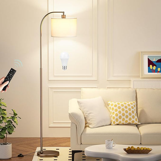 Ambimall Arc Floor Lamp with Remote and Stepless Dimmable Bulb, Colors Temperature & Brightness Adjustable, Floor Lamps for Living Room（White Shade & Brown Pole）