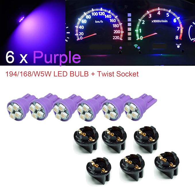 PA LED 6PCS T10 168 194 Led instrument Panel Dash Light Bulb 1/2" Twist Lock Socket -12V (Purple)