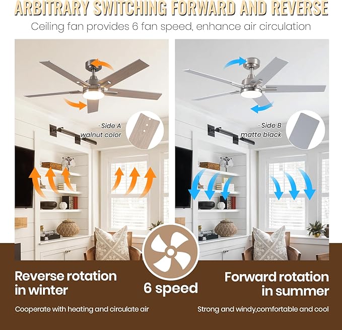 Ceiling Fans with Lights, 52 inch Nickel Ceiling Fan with Light and Remote Control, Reversible, 3CCT, Dimmable, Noiseless, Small Ceiling Fan for Bedroom, Indoor/Outdoor Use