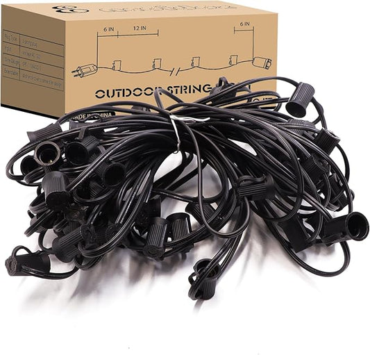 C7 Black Light String 50FT with E12 Christmas Light Sockets, 12" Spacing, C7 Outdoor Christmas Stringer Set String Lights for Wedding Patio Event Lighting Decor