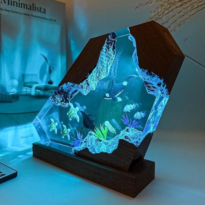Orca Ocean Resin Lamp, Handmade Wooden Table Resin Night Light, USB Port Art Ornaments for Home Office Decor, Scuba Diver Gifts for Birthday Holiday, Unique Thanksgiving Day and Christmas Gifts